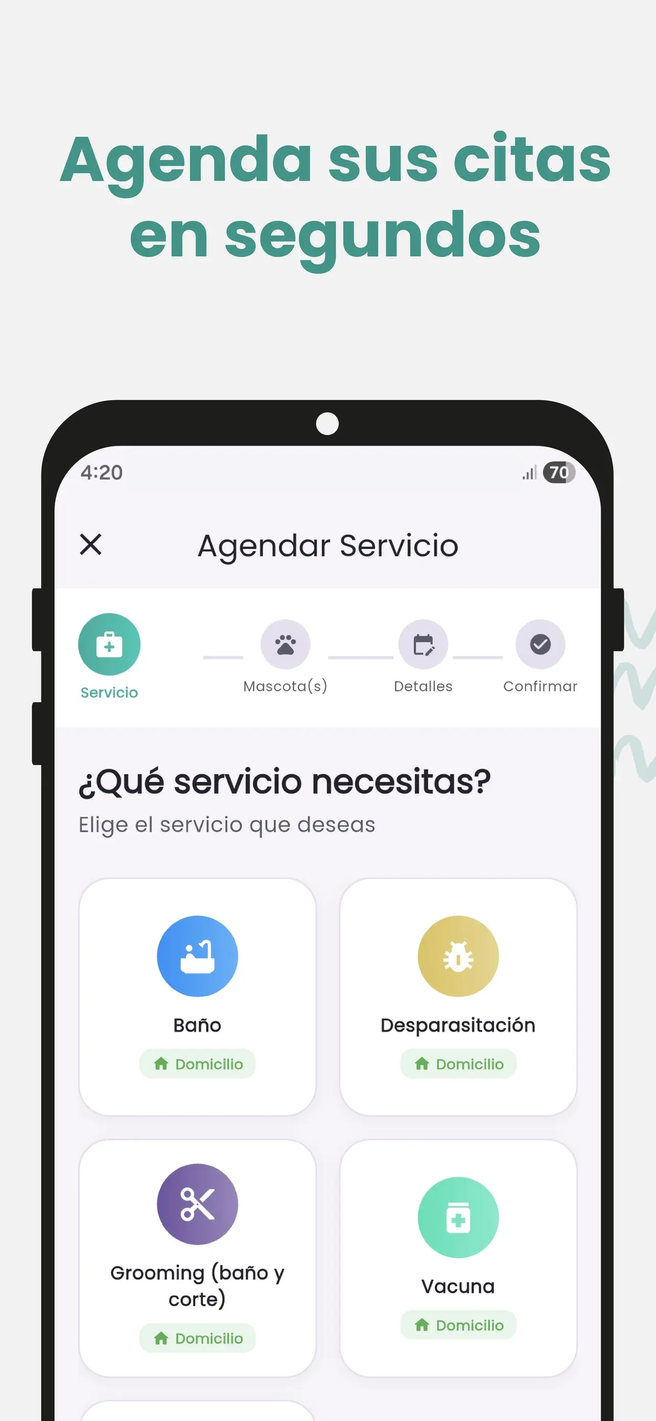 Pantalla para agendar un servicio en la app