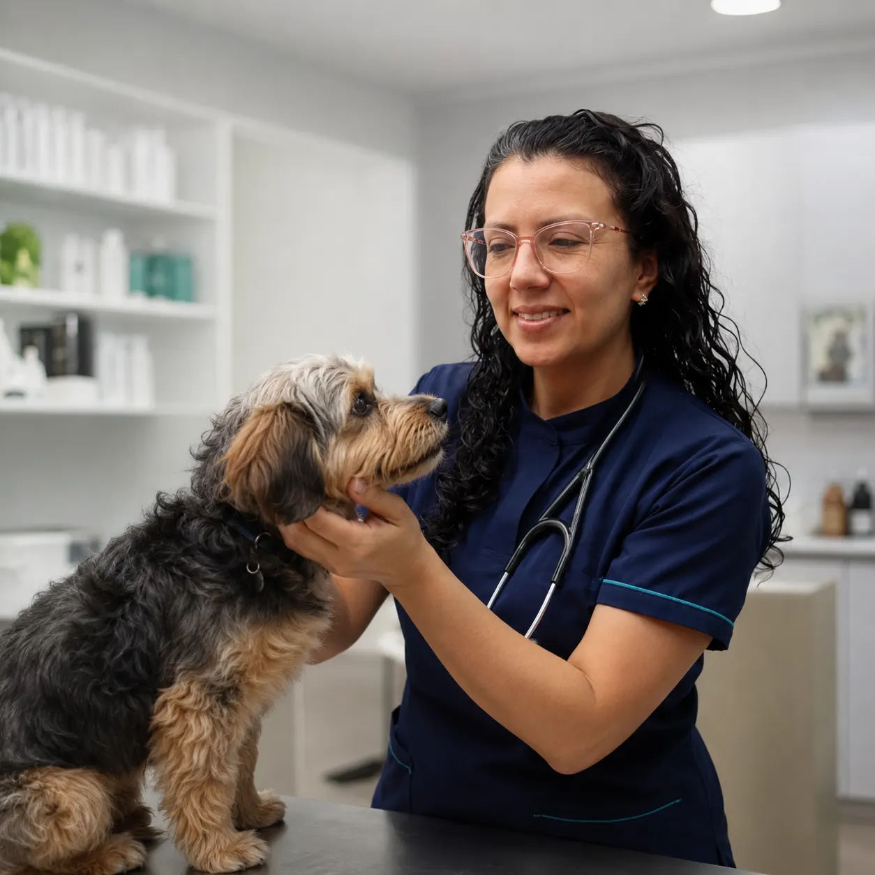Médica veterinaria de PetLand atendiendo a un perro